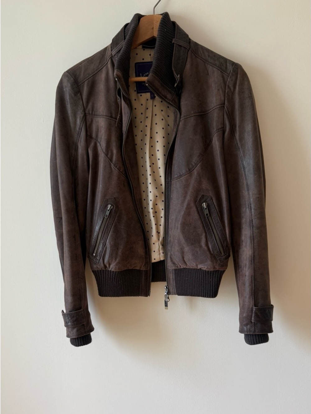 Liu Jo Distressed Leather Moto Jacket Brown Size 42